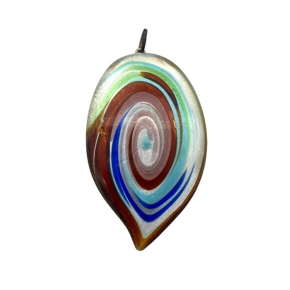 Murano Glass Swirl Pendant Necklace Blue Green Brown Modernist Italy - Picture 2 of 4